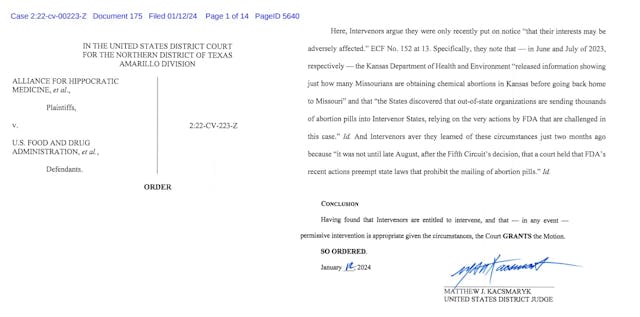 Three States granted intervention in AHM abortion pill lawsuit January 2024 Three States granted intervention in AHM abortion pill lawsuit January 2024