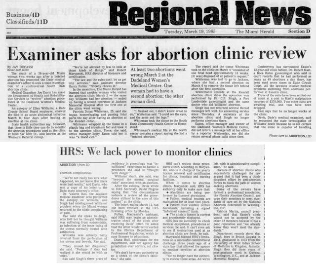 1985 legal abortion death Ellen Williams (Image: Miami Herald) 1985 legal abortion death Ellen Williams (Image: Miami Herald)