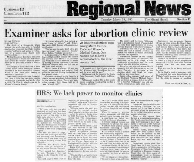 1985 legal abortion death Ellen Williams (Image: Miami Herald)
