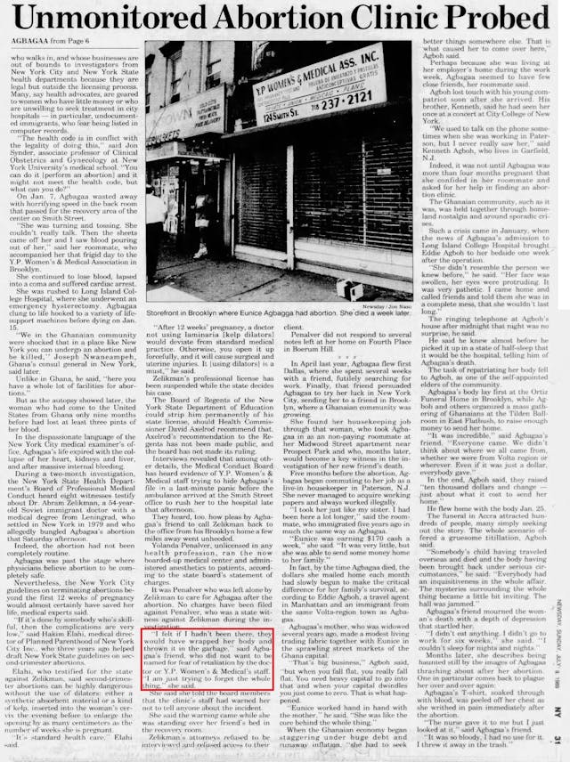 Legal abortion death of Eurice Agbagaa (Source: NY Newsday July 9 1989)\ Image: Abram Zelikman legal abortion death of Eurice Agbagaa (Source: NY Newsday July 9 1989)