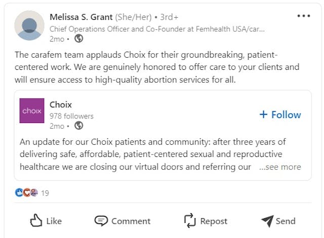 Carafem founder applauds Choix partnership (Image: LinkedIn) Carafem founder applauds Choix partnership (Image: LinkedIn)