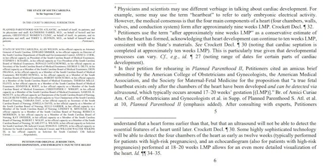 South Carolina lawsuit by Planned Parenthood footnotes on fetal heartbeat