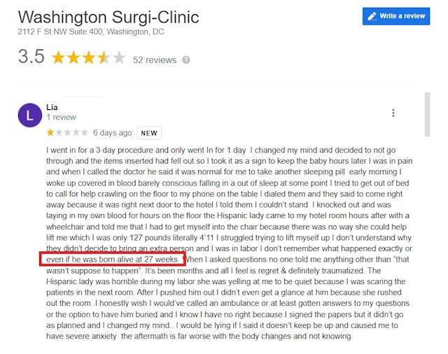 Image: Washington Surgi Clinic Google review of possible baby born alive after abortion attempt