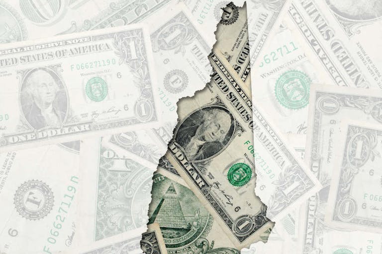 Outline map of new hampshire with transparent american dollar banknotes