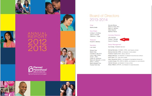 Charles Munger honorary Board member of Planned Parenthood Los Angeles AR 2012 to 2013