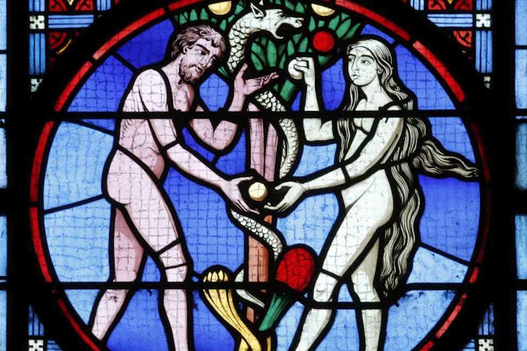 Sacred Heart Basilica, Paray-le-Monial. Stained glass window. Adam and Eve.