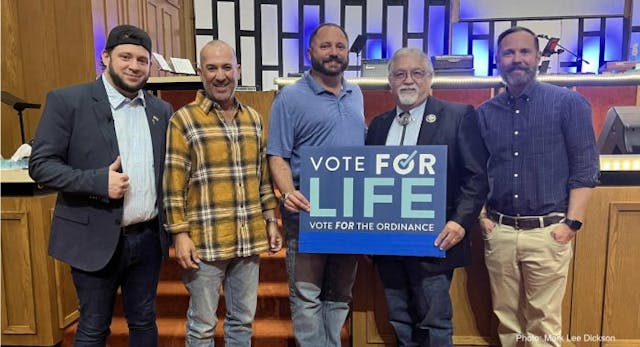 Right To Life of East Texas Director Mark Lee Dickson, Texas State Representative Carl Tepper, Lubbock County Commissioner Jason Corley, New Mexico State Senator David Gallegos, and Texas State Representative Dustin Burrows pose for a picture after an interest meeting about Lubbock County becoming a Sanctuary County for the Unborn. (Photo: Mark Lee Dickson)
