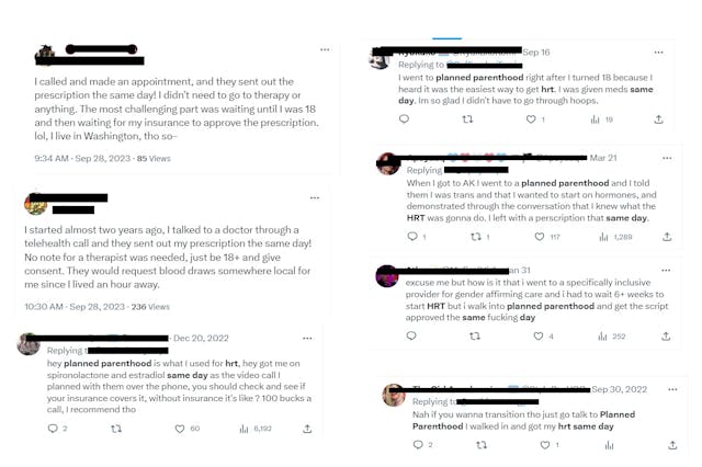 Planned Parenthood clients claim they got cross-sex hormone drugs (HRT) same day (Images: 'X')