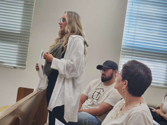 Longtime Morton resident Lynna Zapata speaks before the Cochran County Commission. (Photo: Mark Lee Dickson)
