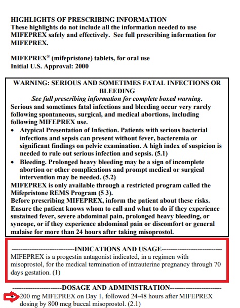 Image: Abortion pill Mifepristone drug label 2023 indication and usage and black box warning
