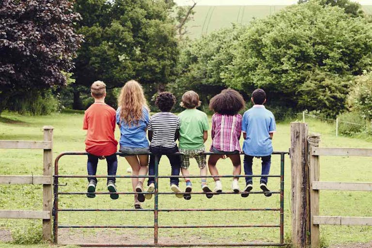 Group of friends sitting on a gate in a field