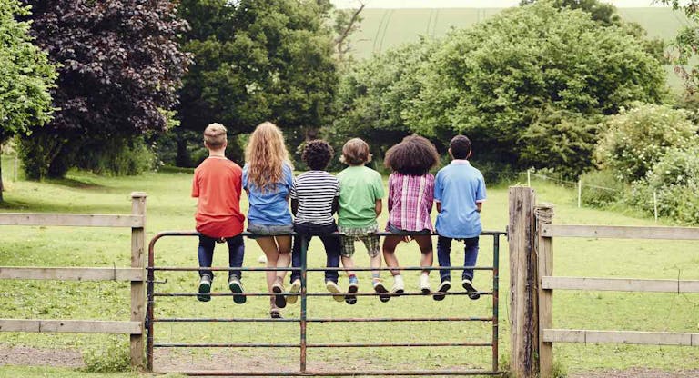 Group of friends sitting on a gate in a field