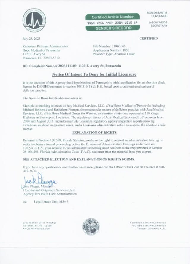 Hope Medical Services abortion facility denied license to open in Florida Pensacola abortion facility Hope Medical Services denied license to open in Florida
