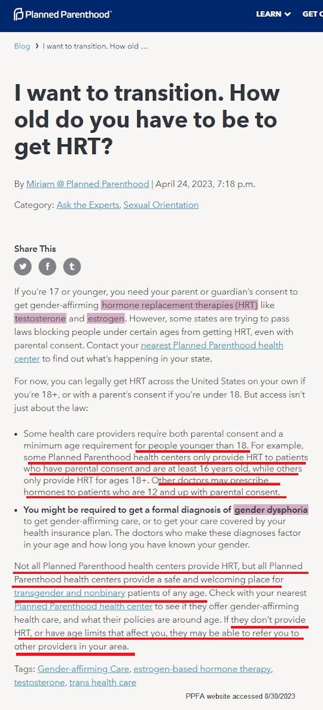 Planned Parenthood summary on transgender services to youth minors Planned Parenthood summary on transgender services and gender-affirming restrictions to youth minors