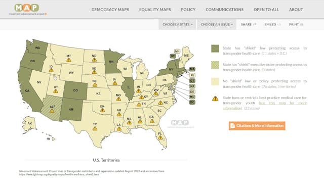 Movement Advancement Project map of states passing ‘gender-affirming’ restrictions or protections of August 2023 Movement Advancement Project map of states that restrict or protect transgender services as of August 2023