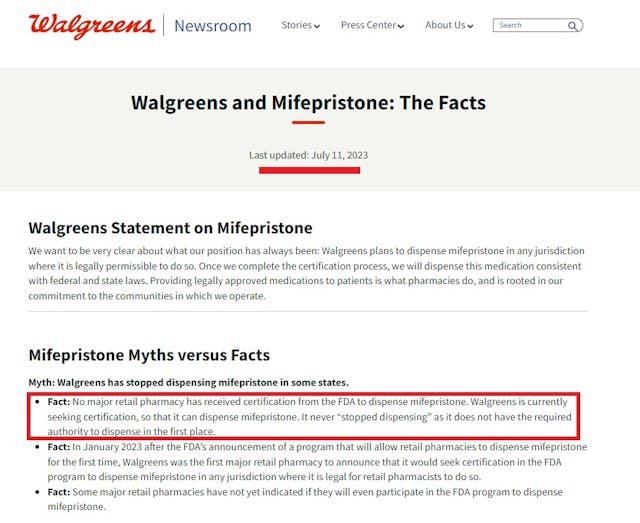 Walgreens Statement on Mifepristone March 2023 claimed in July that no pharmacy had been certified to dispense the abortion pill Walgreens Statement on Mifepristone March 2023 claimed in July that no pharmacy had been certified to dispense the abortion pill