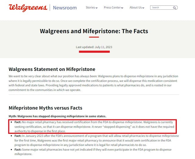 Walgreens Statement on Mifepristone March 2023 claimed in July that no pharmacy had been certified to dispense the abortion pill