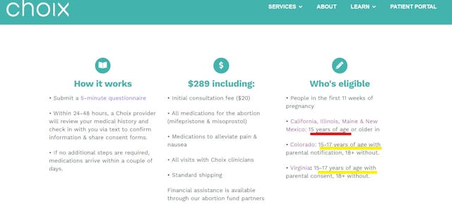 Choix Inc virtual chemical abortion pill dispensary willing to ship pills to minors
