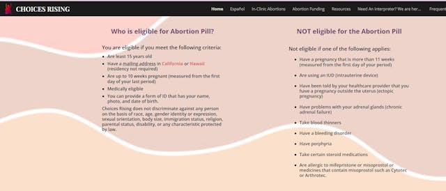 Choices Rising virtual abortion pill dispensary willing to ship pills to minors