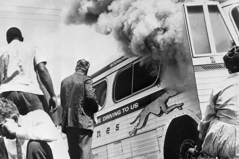 Freedom Riders Near Burning Bus