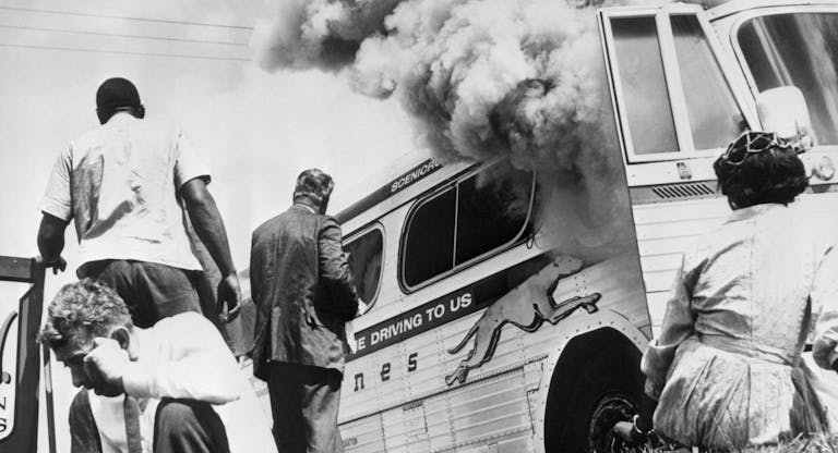 Freedom Riders Near Burning Bus