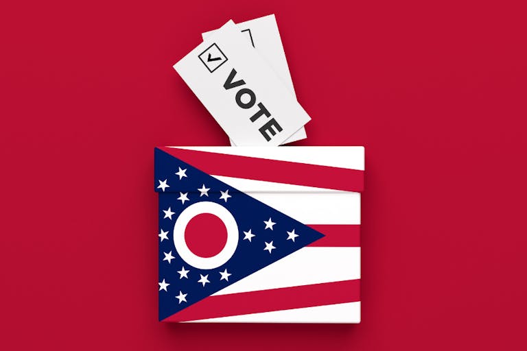 Ohio election vote box on red color background.
