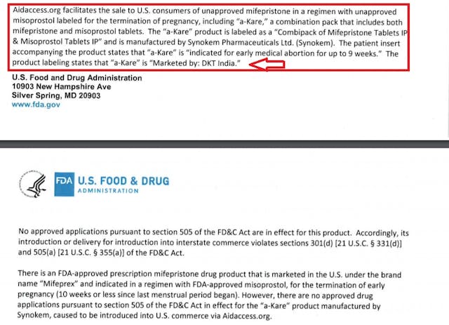 FDA letter to Aid Access notes abortion pill a-Kare marketed by DKT India Image: FDA letter to Aid Access notes abortion pill a-Kare marketed by DKT India