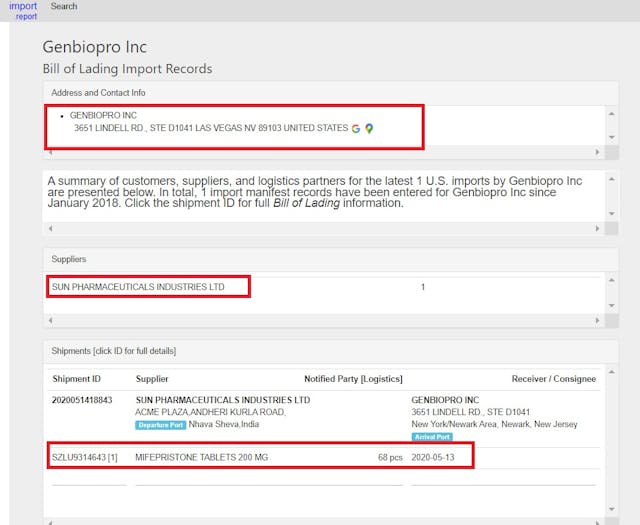 GenBioPro FDA Import Report abortion pills by Sun Pharmaceuticals Image: GenBioPro FDA Import Report abortion pills by Sun Pharmaceuticals