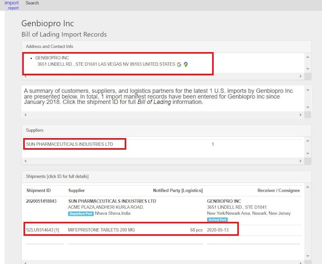 Image: GenBioPro FDA Import Report abortion pills by Sun Pharmaceuticals