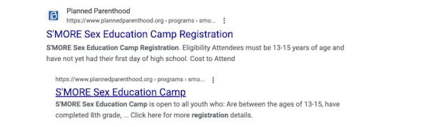 PPNCS Google search results to archived pages on S’MORE camp for young teens. 7/13/23