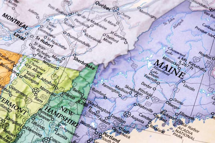 Photo: Getty Images Map of Maine, New Hampshire, Vermont States