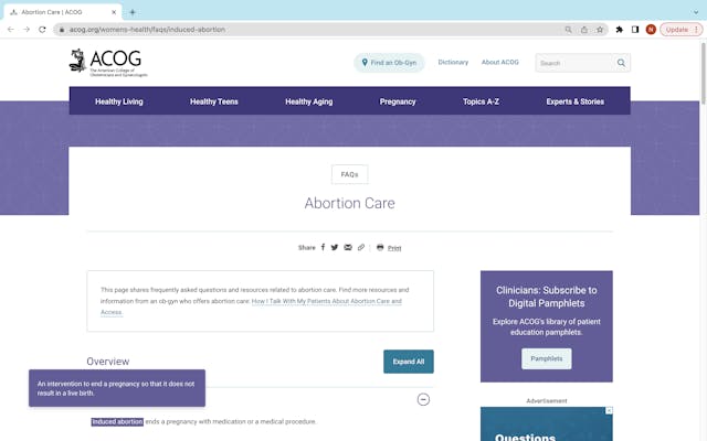 ACOG website screenshot “induced abortion” – 7/20/22 Why FactCheck.org’s fact check on ‘medically necessary abortions’ is problematic image
