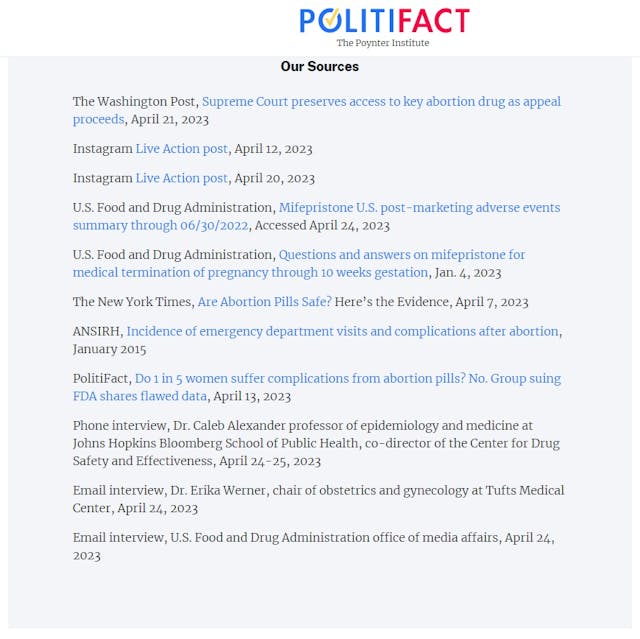 Image: Politifact sources in Live Action abortion pill fact ccheck includes ANSIRH