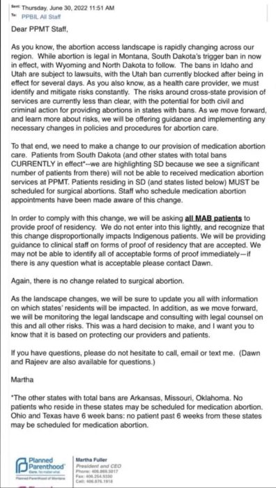 Image: Leaked email from Planned Parenthood Montana over abortion pill post Dobbs