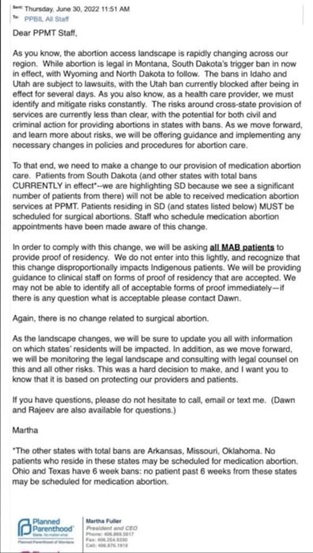 Leaked email from Planned Parenthood Montana over abortion pill post-Dobbs 2 Image: Leaked email from Planned Parenthood Montana over abortion pill post Dobbs