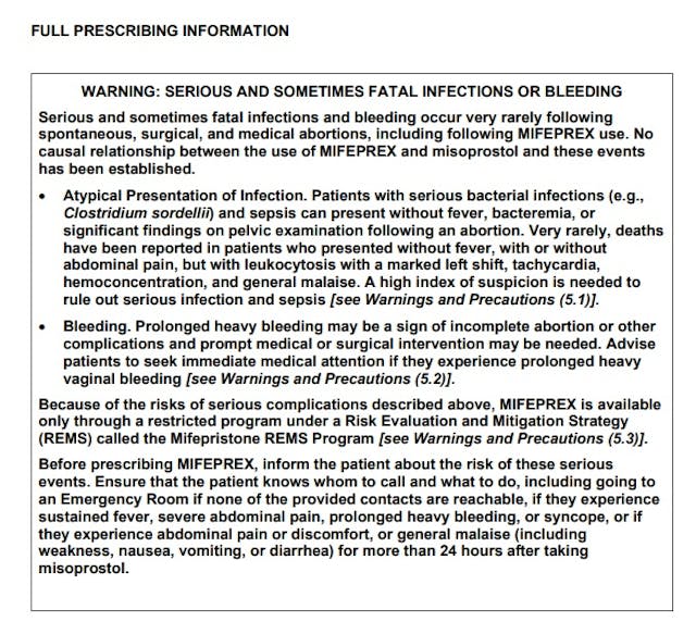 Abortion Pill Mifepristone Black Box Warning on March 2023 label Image: Abortion Pill Mifepristone Black Box Warning on March 2023 label