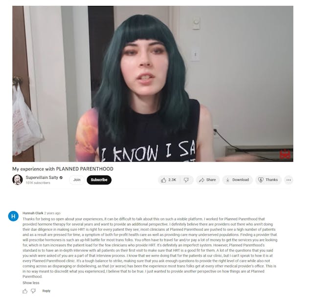 Alleged Planned Parenthood worker responds to detransitioner on YouTube Image: Alleged Planned Parenthood worker responds to detransitioner on YouTube