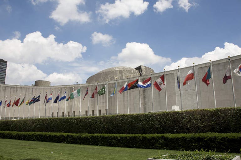 Flags and concrete building above grass and shrubs