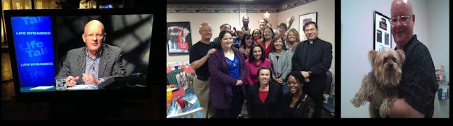 Pictures of pro-life leader Mark Crutcher on Life Talk with staff and his dog Image: Pictures of pro-life leader Mark Crutcher on Life Talk with staff and his dog