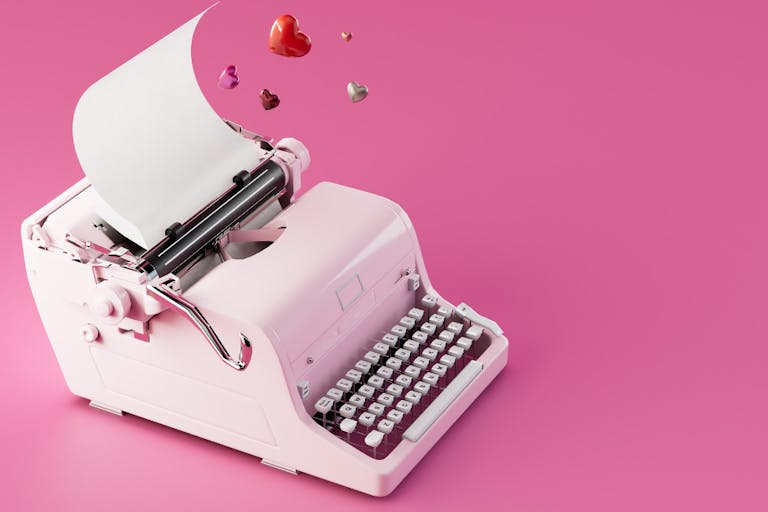 the concept of writing a love novel. an old typewriter with a white sheet over which are hearts. 3D render