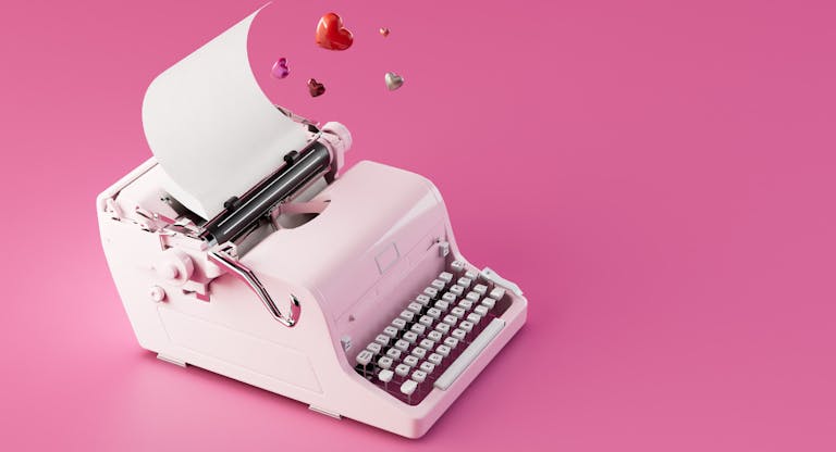 the concept of writing a love novel. an old typewriter with a white sheet over which are hearts. 3D render