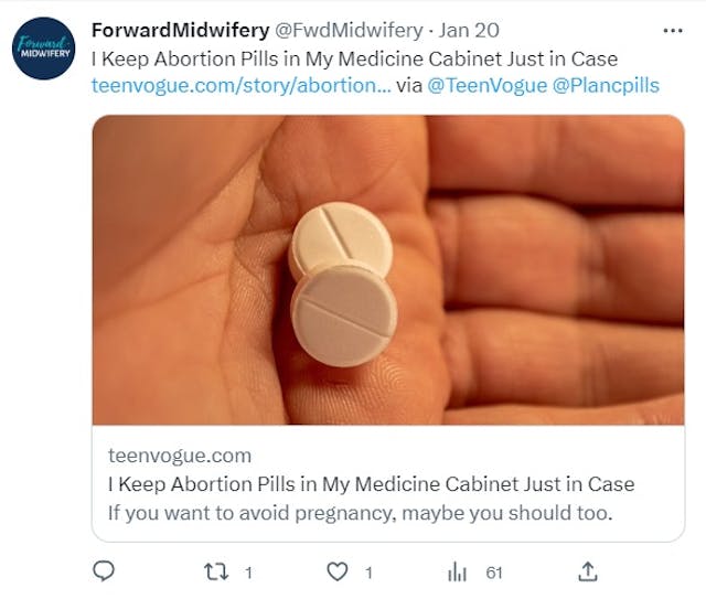 Forward Midwifery promotes advance provision outside FDA approved abortion pill regimen. The subtitle falsely portrays the abortion pill as helping women ‘avoid’ rather than end pregnancy (Image: Twitter) Image: Forward Midwifery promotes advanced provision outside FDA approved abortion pill regimen (Image: Twitter)