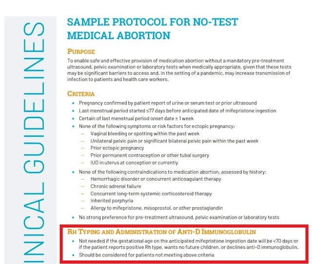 Gynuity No-Test abortion pill protocol on Rh negative clients Image: Gynuity No Test abortion pill protocol on Rh negative clients