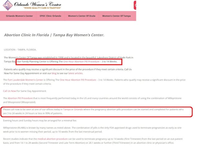 Image: Orlando Womens Center abortion clinic one hour abortion pill through 14 weeks and 24 weeks