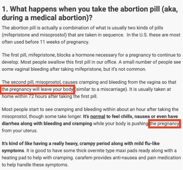 Carafem website screenshot abortion pill