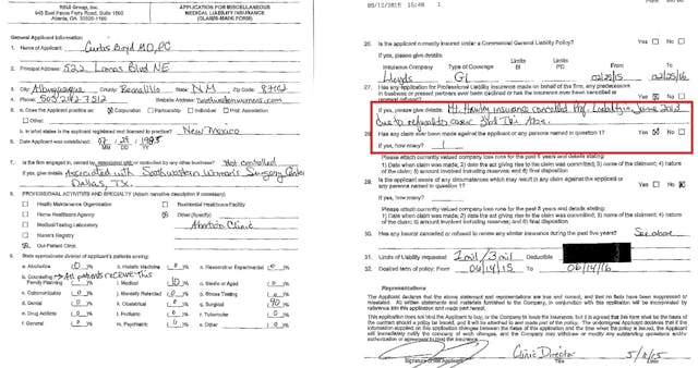 SWO previously lost malpractice insurance according to court exhibit Image: SWO previously lost malpractice insurance according to court exhibit