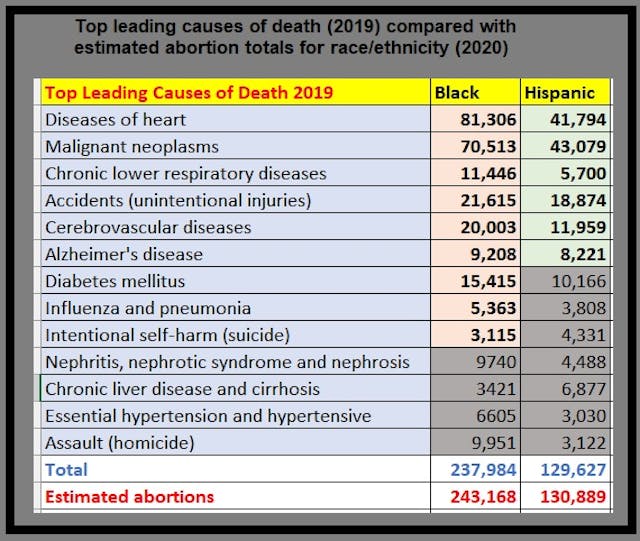 Top leading causes of death 2019 v Black Hispanic est. abortion 2020 Image: Top leading causes of death 2019 v Black Hispanic est abortion 2020