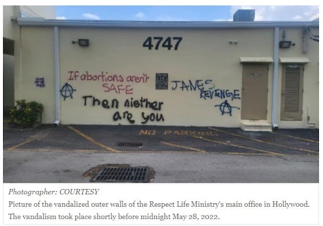 Pro-abortion violence: Respect Life Office in Hollywood FL tagged with threat and Janes Revenge Image: Pro-abortion violence: Respect Life Office in Hollywood FL tagged with threat and Janes Revenge