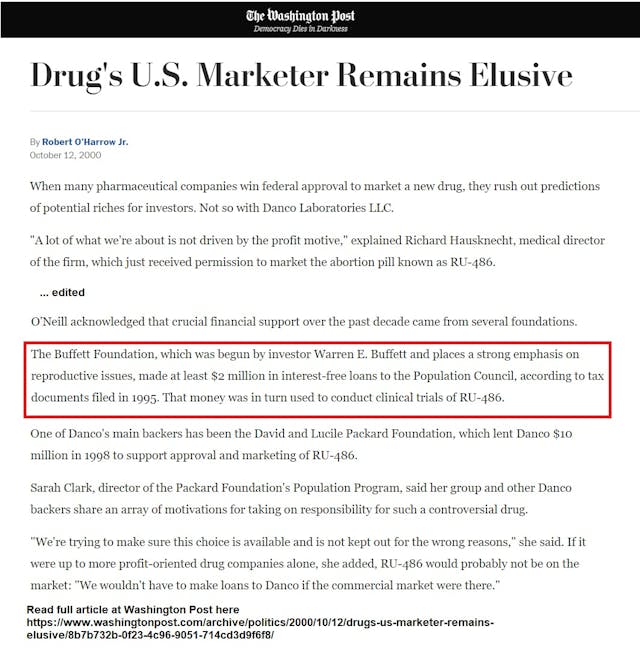 Buffett Foundation is early investor in Danco Labs the manufacturer of the abortion pill (Image: WAPO October 12, 2000) Image: Buffett Foundation is early investor in Danco Labs the manufacturer of the abortion pill (Image: WAPO October 12, 2000)