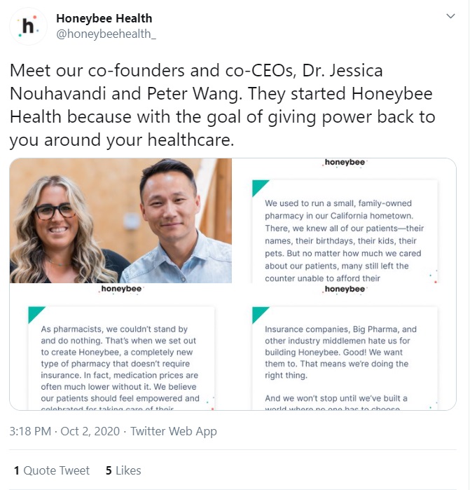 Image: HoneyBee Health pharmacy ships abortion pill founded by Dr Jessica Nouhavandi and Peter Wang (Image: Twitter)